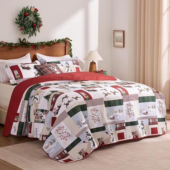 Christmas Twin Quilt Bedding Set, 2-Piece Snowman Printed Lightweight Reversible - Picture 2 of 7